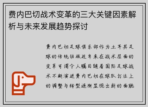 费内巴切战术变革的三大关键因素解析与未来发展趋势探讨