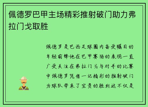 佩德罗巴甲主场精彩推射破门助力弗拉门戈取胜