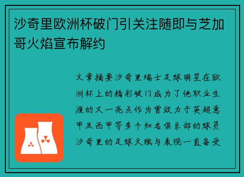 沙奇里欧洲杯破门引关注随即与芝加哥火焰宣布解约